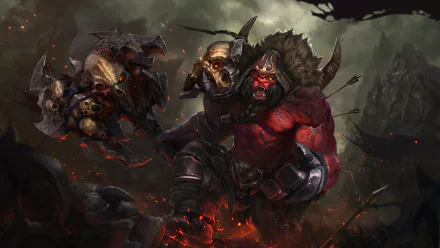 HD PC desktop wallpaper featuring Axe, the fierce orc warrior from the Dota 2 video game, set against a dark, fiery battlefield background.