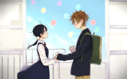 Tamako Kitashirakawa and Mochizo Oji from Tamako Market stand on a sunlit station platform, holding hands amid pastel bokeh — HD anime PC desktop wallpaper/background.