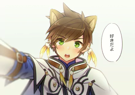 HD anime desktop wallpaper featuring Sorey from Tales of Zestiria the X, with green eyes and fox-like ears, expressing a heartfelt message in Japanese.