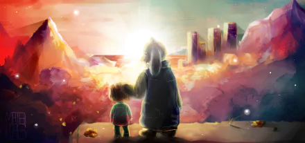 Toriel and Frisk from Undertale stand together, gazing at a vibrant sunset over distant mountains, creating a serene and captivating HD PC wallpaper.
