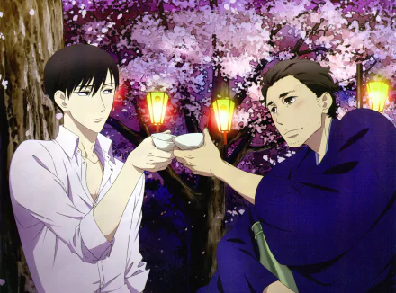Anime scene from Shouwa Genroku Rakugo Shinjuu: two men toast with sake beneath lantern-lit cherry blossoms — 5K Ultra HD PC desktop wallpaper and background.