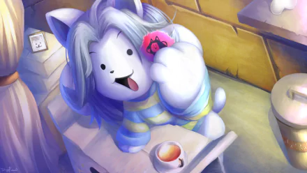 HD desktop wallpaper featuring Temmie from the video game Undertale, depicted with a joyful expression, holding an object, in a cozy and vibrant setting.