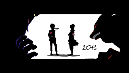 HD PC desktop wallpaper featuring silhouettes of Naruto characters and Kyūbi, capturing a dramatic anime scene from Naruto in vivid contrast.