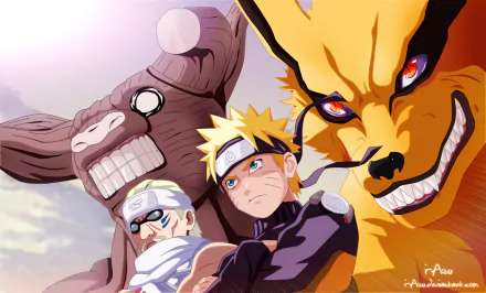 High-definition wallpaper featuring Naruto Uzumaki, Killer Bee, Gyûki, and Kyūbi, showcasing their dynamic characters from the anime series Naruto.