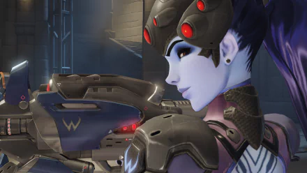 Widowmaker from Overwatch in blue skin and tactical armor, aiming her sniper rifle — high-detail 4K Ultra HD video game PC desktop wallpaper/background.