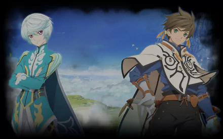 HD PC desktop wallpaper featuring Mikleo and Sorey from the anime Tales of Zestiria the X, showcasing their detailed outfits and a scenic background.