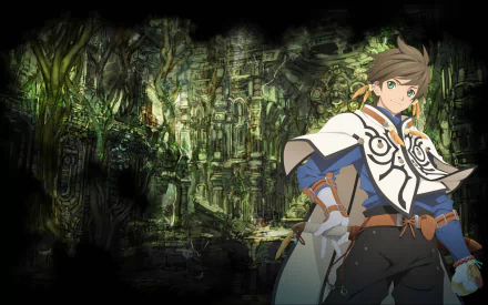 HD PC desktop wallpaper featuring Sorey from the anime Tales of Zestiria the X, set against a detailed, mystical forest background.