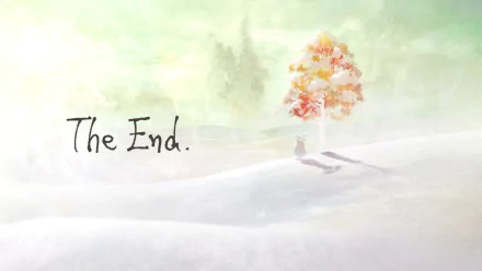 4K Ultra HD PC desktop wallpaper from the video game I Am Setsuna, featuring a snowy landscape with a lone figure beside a colorful tree and the text The End.