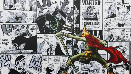 Vibrant HD wallpaper featuring Sogeking from One Piece, set against a dynamic background of comic panels and bold illustrations, capturing the energetic essence of the anime.