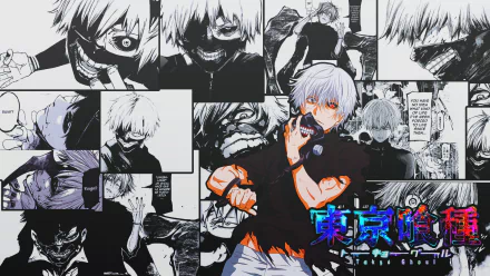 This HD desktop wallpaper features Ken Kaneki from Tokyo Ghoul, showcasing dynamic scenes and transformations of the character in a striking collage.