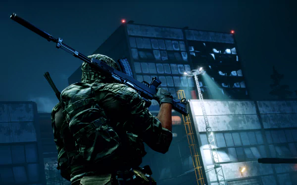 A soldier stands with a weapon drawn in an urban nighttime setting, inspired by the intense atmosphere of Battlefield 4, showcasing 4K Ultra HD detail.