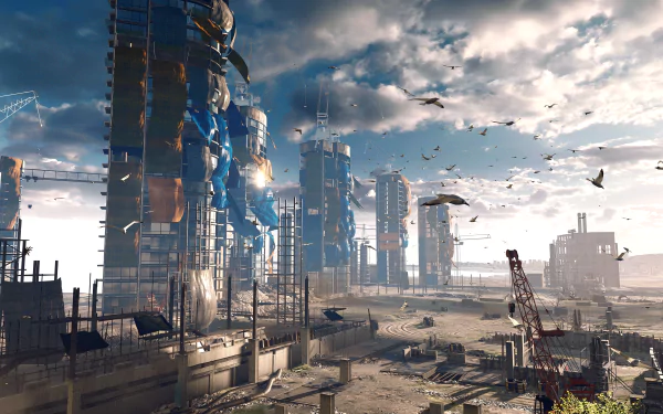 4K Ultra HD Battlefield 4 video game wallpaper showing a futuristic cityscape with tall, damaged buildings under a cloudy sky and birds flying overhead.