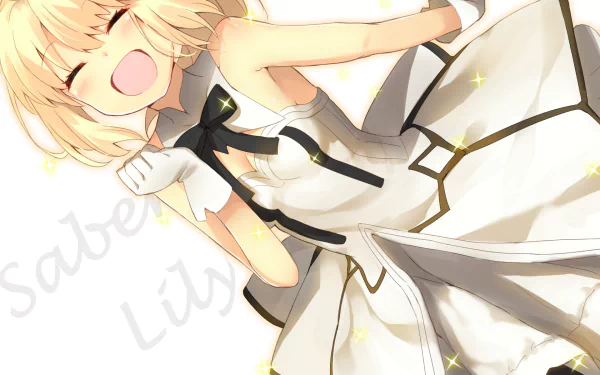 A cheerful Saber Lily from Fate/Grand Order, depicted in an HD anime style, radiates joy in a flowing white dress with a black bow, surrounded by sparkles. Perfect for desktop wallpapers.