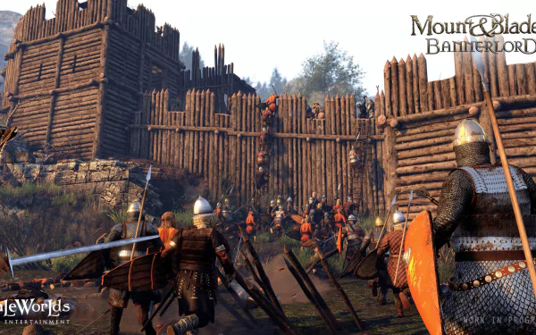 Mount & Blade II: Bannerlord (video game) HD PC desktop wallpaper — armored soldiers storm a wooden palisade as a medieval siege unfolds beneath a cloudy sky.