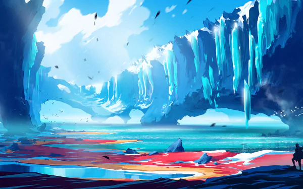 Duelyst video game HD PC desktop wallpaper and background: vibrant frozen coastal landscape with towering ice cliffs, turquoise sea, red rocky shoreline, tiny silhouetted figures.