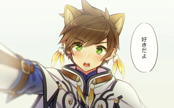 HD anime desktop wallpaper featuring Sorey from Tales of Zestiria the X, with green eyes and fox-like ears, expressing a heartfelt message in Japanese.