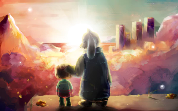 Toriel and Frisk from Undertale stand together, gazing at a vibrant sunset over distant mountains, creating a serene and captivating HD PC wallpaper.
