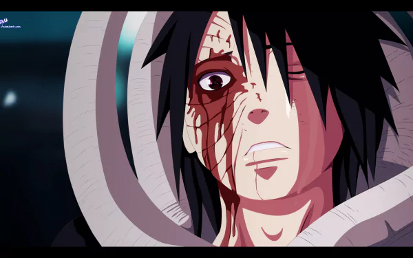 An intense close-up of Obito Uchiha from the anime Naruto, showcasing a detailed expression with dark features and scars. This vibrant image serves as a stunning 4K Ultra HD wallpaper.
