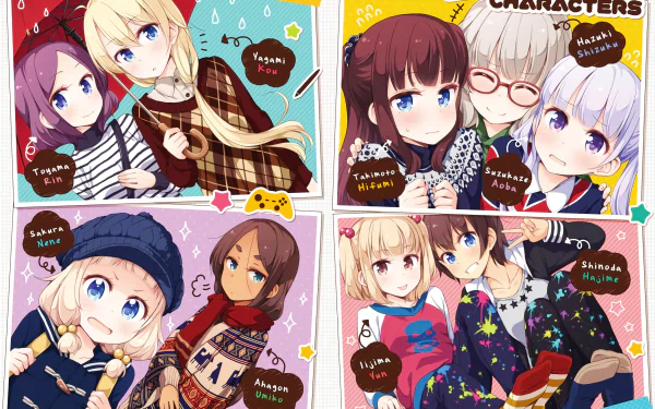 HD PC desktop wallpaper featuring colorful anime characters from New Game! in a playful, vibrant style divided into four panels with name tags.