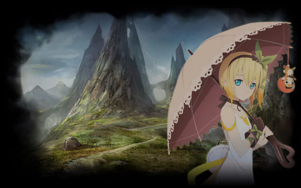 HD PC desktop wallpaper featuring Edna from Tales of Zestiria the X, holding a parasol against a dramatic mountainous landscape in anime style.