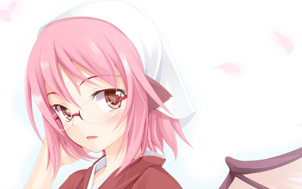 Anime-style HD PC desktop wallpaper featuring Mystia Lorelei from the Touhou series, showcasing her pink hair, glasses, and soft expression against a light background.