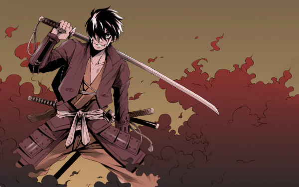 HD anime desktop wallpaper featuring a fierce swordsman from Drifters, poised for battle with a drawn katana against a smoky, reddish background.