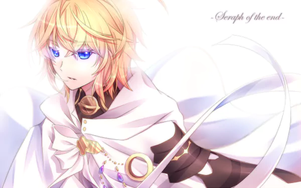 Mikaela Hyakuya from Seraph of the End is featured in this vibrant HD wallpaper, capturing his striking blue eyes and dynamic pose in a vivid anime style.