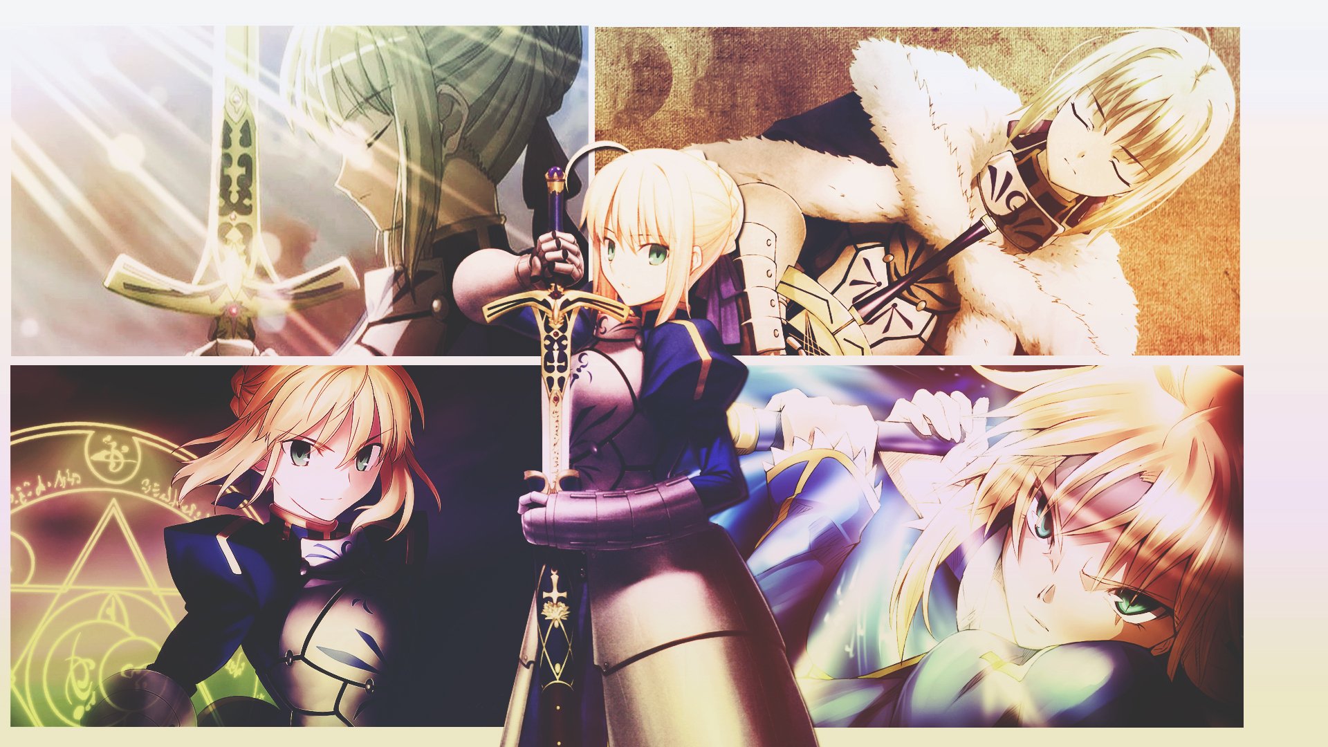 HD desktop wallpaper featuring Saber from the Fate Series, showcasing stunning anime art from Fate/Stay Night with dynamic poses and vibrant colors.