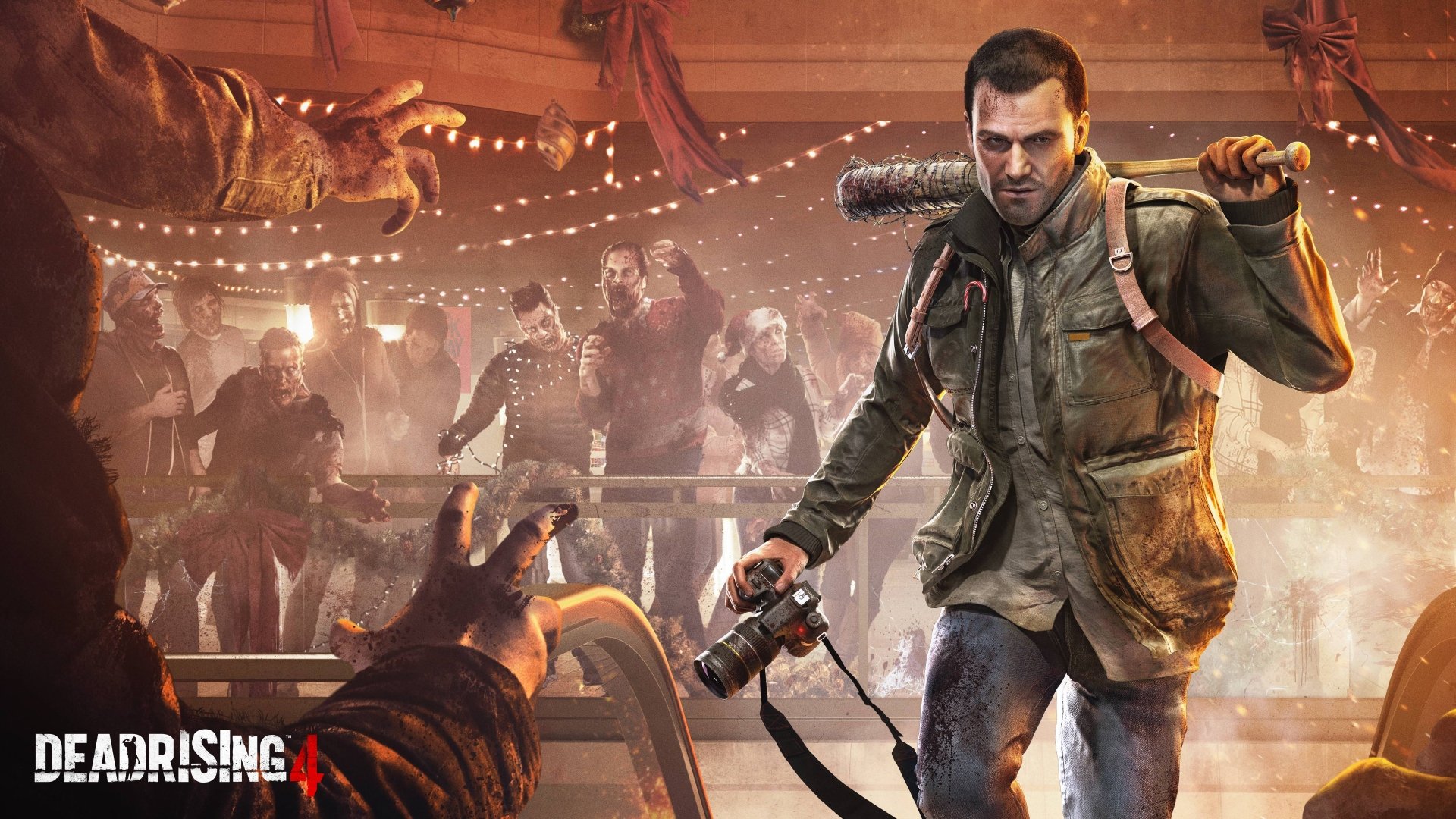 Dead Rising 4 video game 4K Ultra HD PC desktop wallpaper/background: protagonist with bat and camera fights zombies amid string lights and wreckage in a ruined shopping mall.