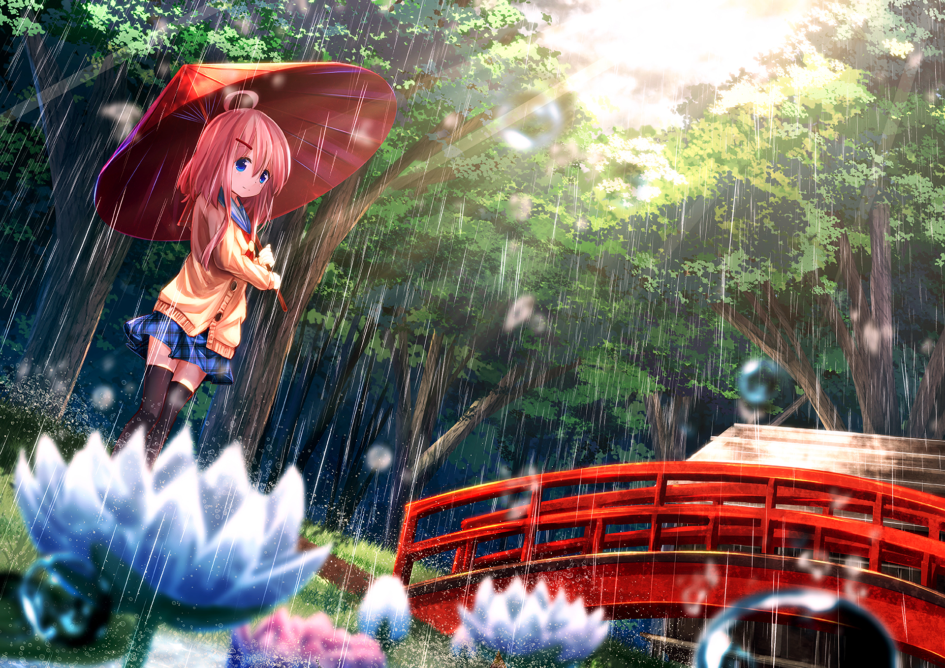 Anime-style HD original desktop wallpaper depicting a girl in a raincoat holding a red umbrella near a red bridge surrounded by lush green trees and blooming white flowers.