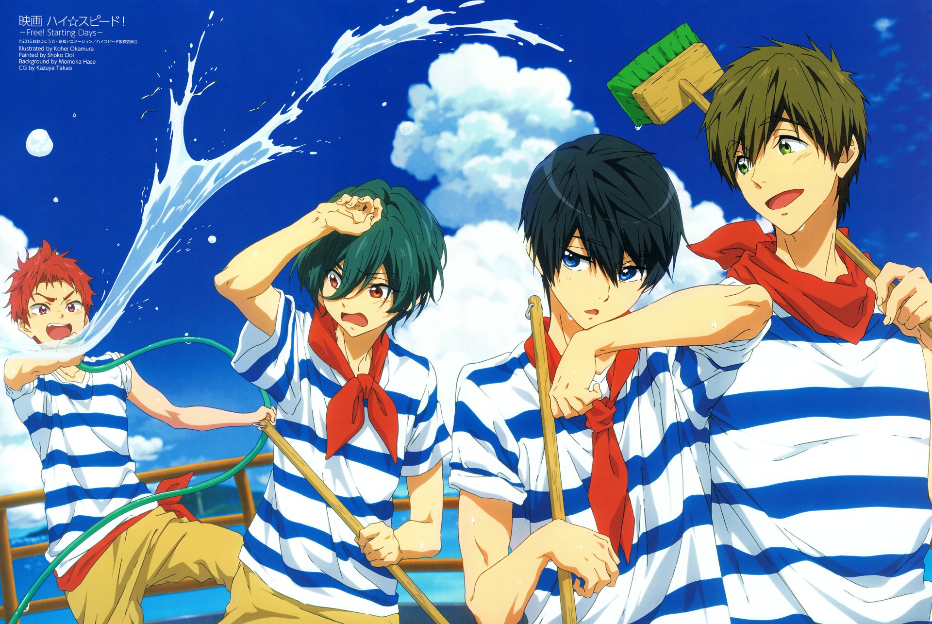 4K Ultra HD PC desktop wallpaper featuring four characters from the anime Free! wearing striped shirts and red scarves, with a vibrant blue sky and water splash backdrop.