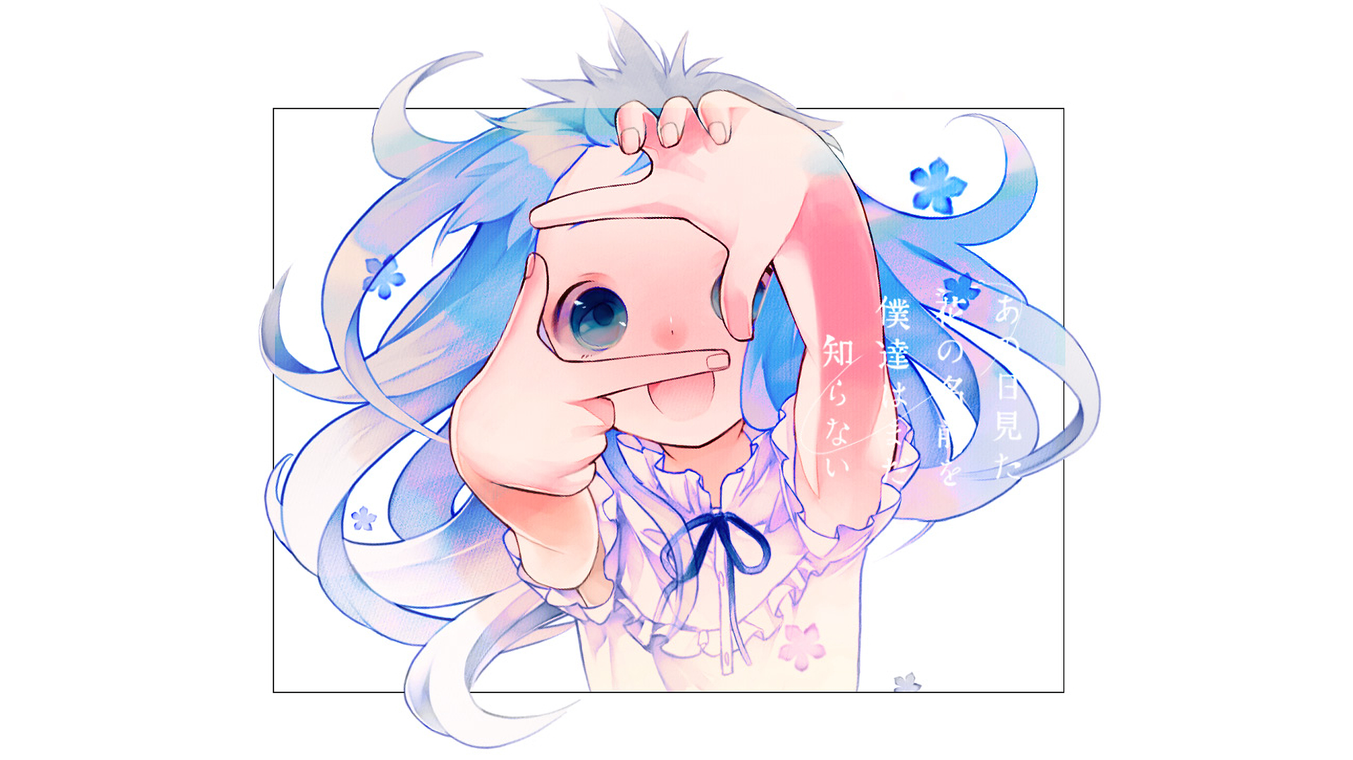 HD anime desktop wallpaper featuring a character from Anohana with flowing light blue hair framing her face, making a square frame with her hands over one eye.