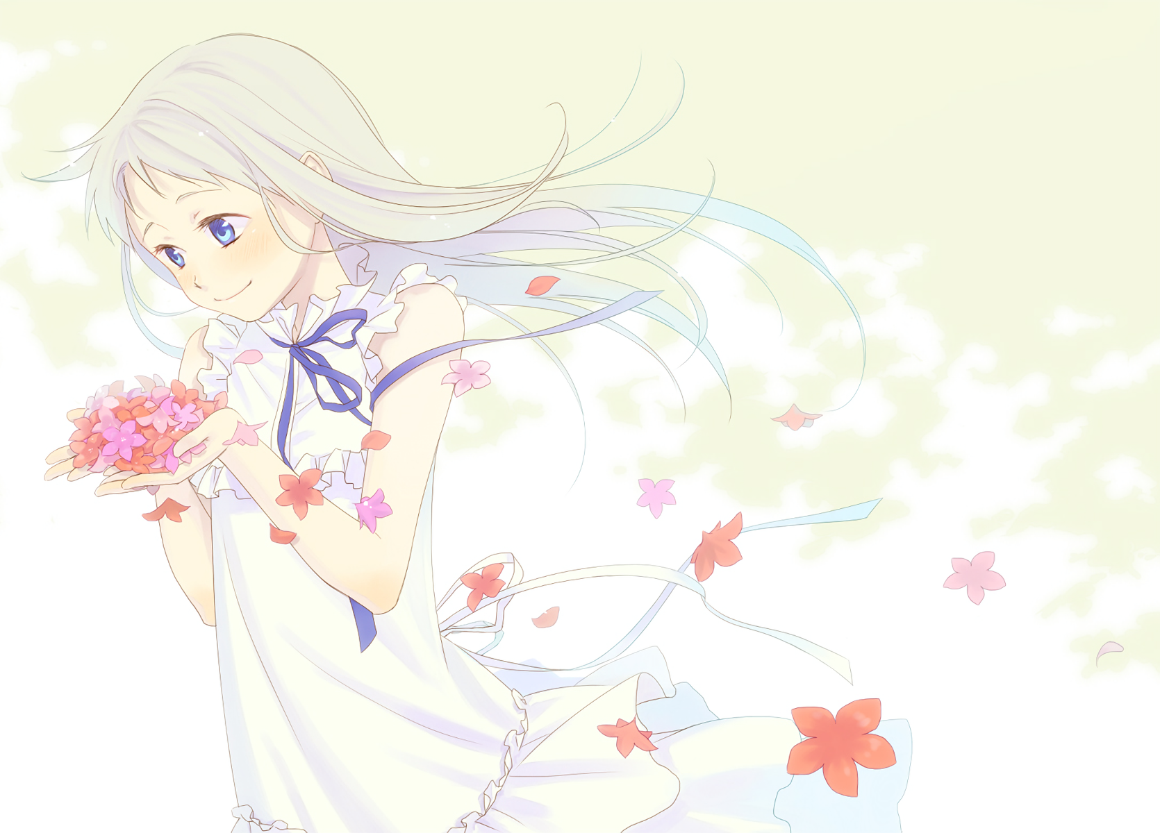 Anime HD PC desktop wallpaper featuring a delicate character from Anohana holding pink flowers, surrounded by soft petals and a light, airy background.