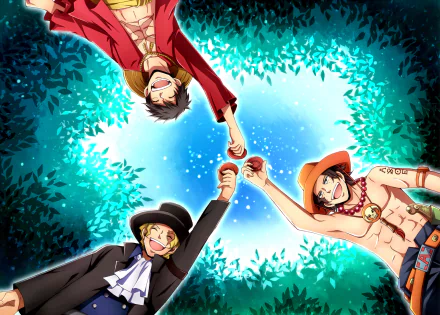 Three iconic characters from One Piece—Sabo, Monkey D. Luffy, and Portgas D. Ace—joyfully connect hands under a vibrant blue sky, surrounded by lush greenery in this HD anime wallpaper.