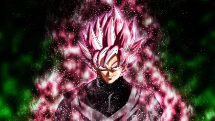 HD wallpaper featuring Black Goku in Super Saiyan Rosé form from Dragon Ball Super, emitting a powerful pink aura against a dark background.