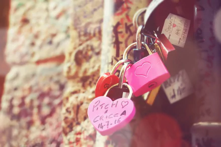 Romantic heart-shaped man-made locks attached to a railing, captured in HD for a PC desktop wallpaper and background.