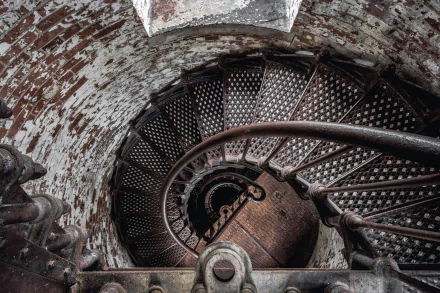 A high-definition desktop wallpaper showing a man-made spiral staircase with textured metal steps and aged, weathered walls surrounding it.