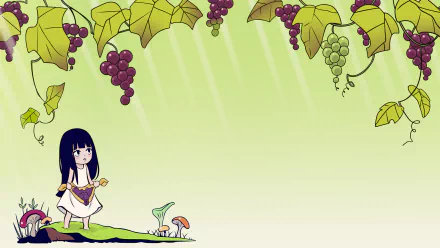 A serene HD wallpaper featuring Sawako Kuronuma from the anime Kimi ni Todoke, set against a backdrop of lush grapevines and soft green tones.