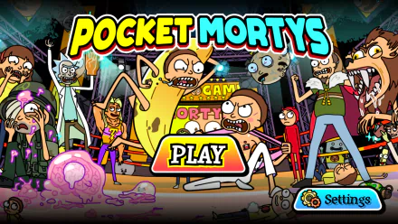 Colorful HD wallpaper featuring characters Jerry Smith, Rick Sanchez, and Morty Smith from *Rick and Morty: Pocket Mortys*, showcasing a vibrant gaming scene with a playful atmosphere.