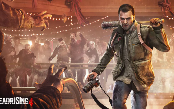 Dead Rising 4 video game 4K Ultra HD PC desktop wallpaper/background: protagonist with bat and camera fights zombies amid string lights and wreckage in a ruined shopping mall.