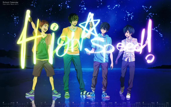 Anime-style 4K Ultra HD desktop wallpaper from Free! featuring four characters writing High speed! with glowing light effects against a starry night sky background.