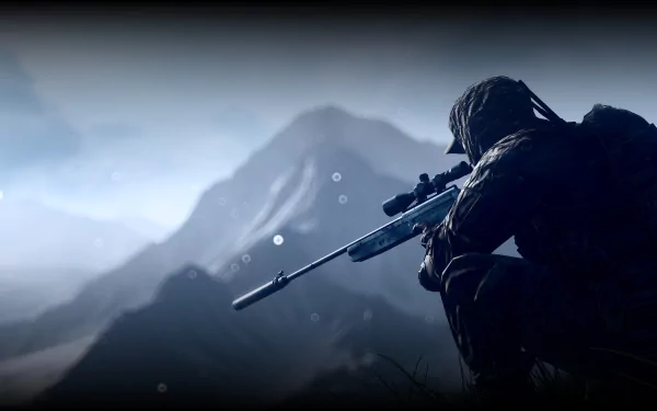 A soldier sniper poised on a mountain, captured in a 4K Ultra HD scene from Battlefield 4, blending into the landscape with focus and intensity.