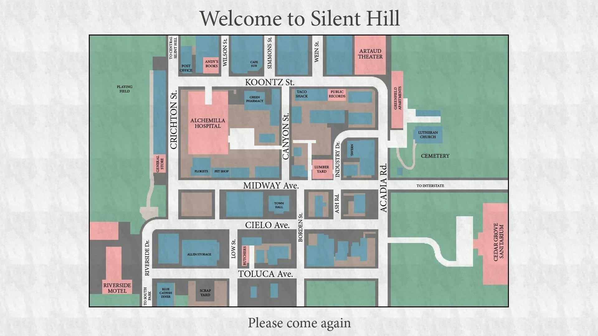 HD PC desktop wallpaper and background: stylized map of Silent Hill (video game) showing streets, buildings and a Welcome to Silent Hill header with faded green borders.