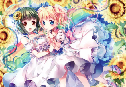 HD anime desktop wallpaper featuring two KINMOZA! characters in white dresses surrounded by vibrant sunflowers and colorful swirling patterns.