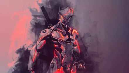 HD wallpaper featuring Genji from the video game Overwatch. The image showcases Genji in his signature cybernetic armor, set against a dark, smoky background with glowing red highlights.