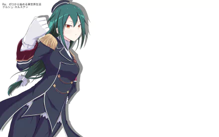 HD PC desktop wallpaper featuring Crusch Karsten from the anime Re:Zero - Starting Life in Another World, depicted in her formal military-style uniform against a white background.