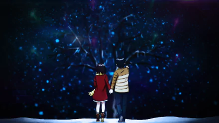 A beautiful HD desktop wallpaper featuring characters from the anime Erased, standing together in a snowy landscape under a vibrant, starry night sky.
