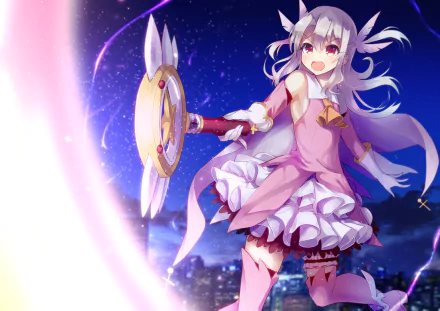 A lively anime character, Illyasviel Von Einzbern from Fate/kaleid liner Prisma Illya, wields a magical staff under a starry night sky, featuring pink eyes, white long hair, and pink attire.