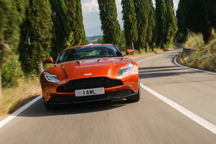 A striking orange Aston Martin DB11 grand tourer navigates a winding road, embodying luxury and performance against a backdrop of tall, slender trees. 4K Ultra HD wallpaper.