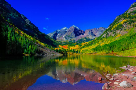 forest nature rocky mountains reflection peak mountain Colorado Maroon Lake lake HD Desktop Wallpaper | Background Image
